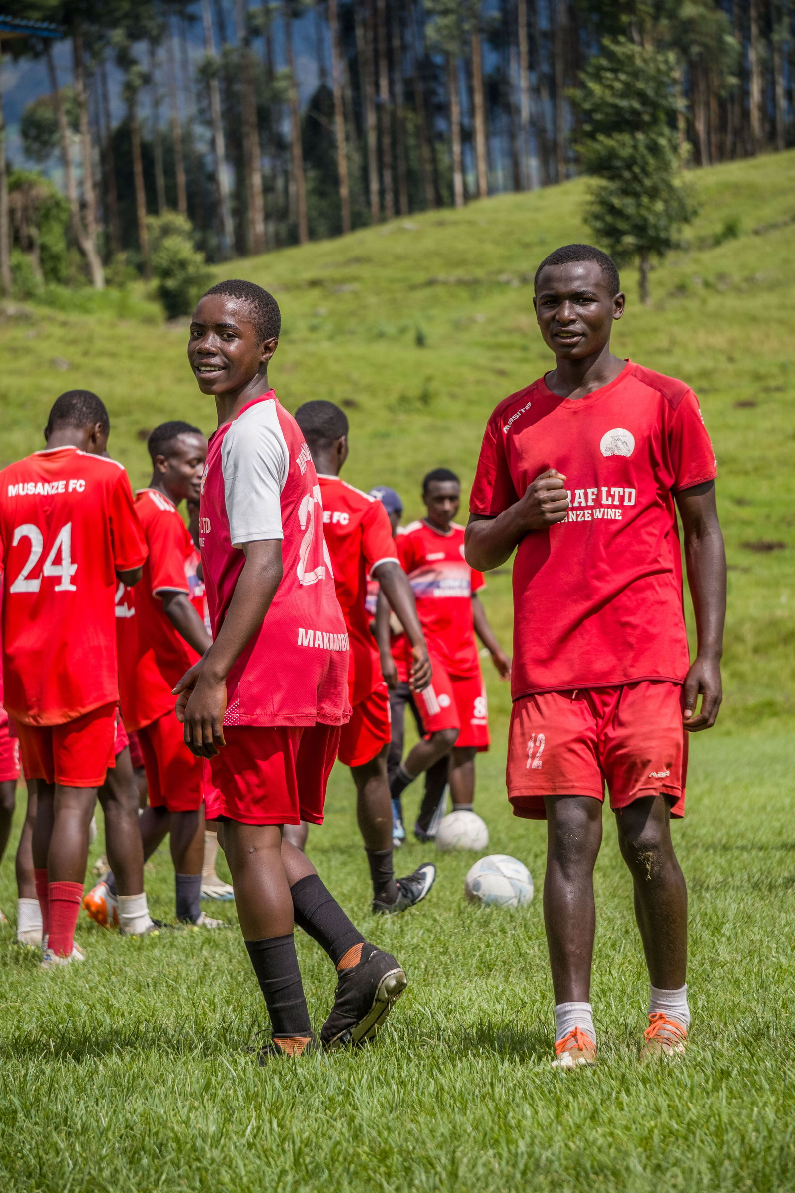 Football players training together outdoors